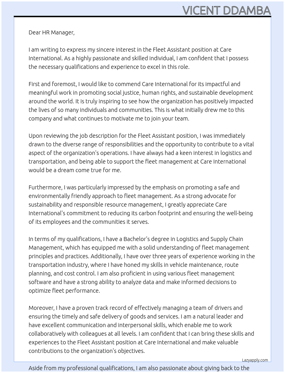 Fleet Assistant At Care International Cover Letter