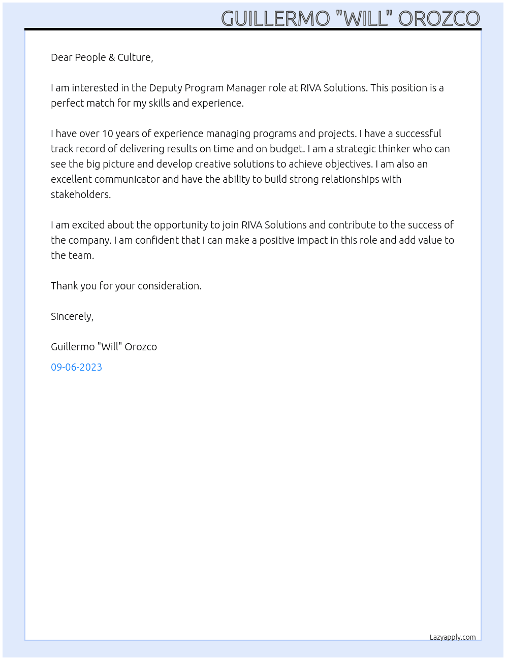 Deputy Program Manager At RIVA Solutions Cover Letter