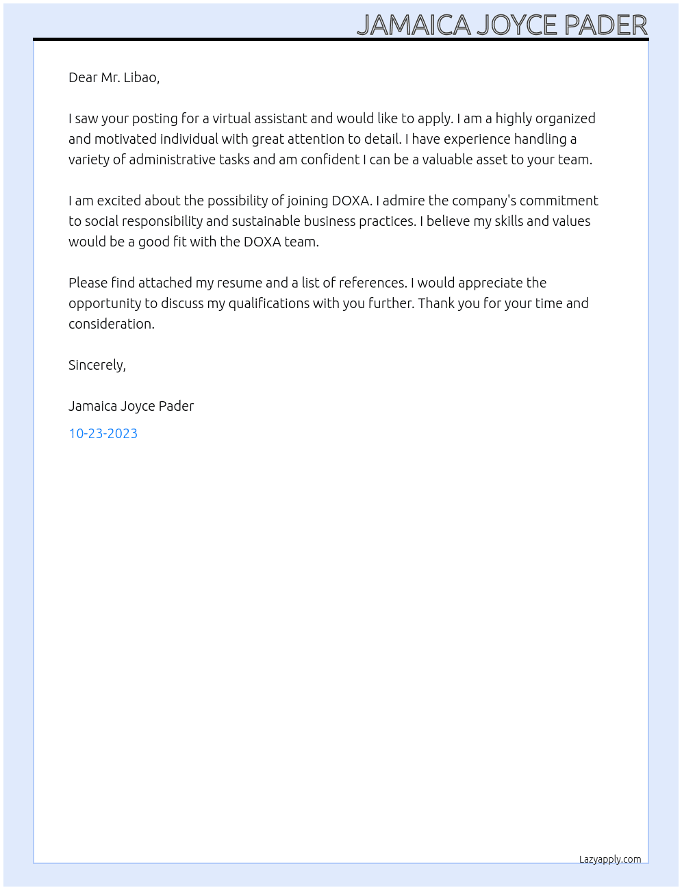 Virtual Assistant At DOXA Cover Letter