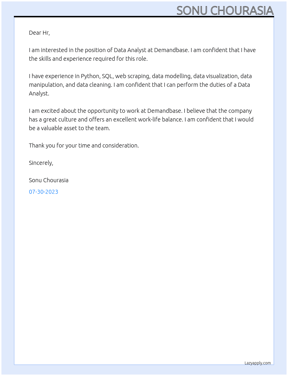 Data Analyst At Demandbase Cover Letter