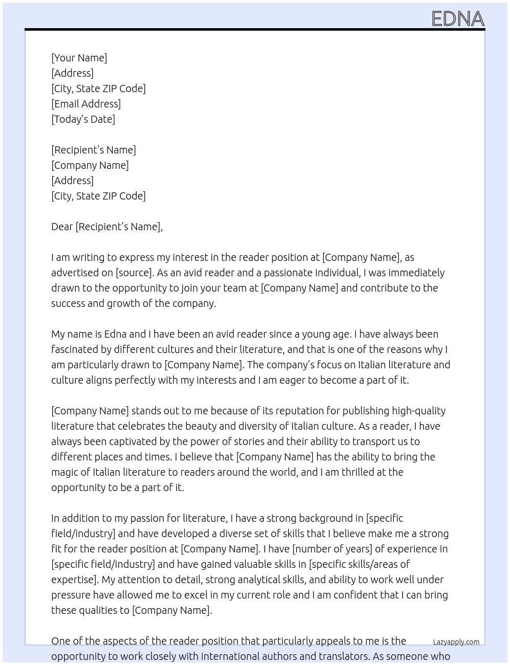 reader At italy Cover Letter