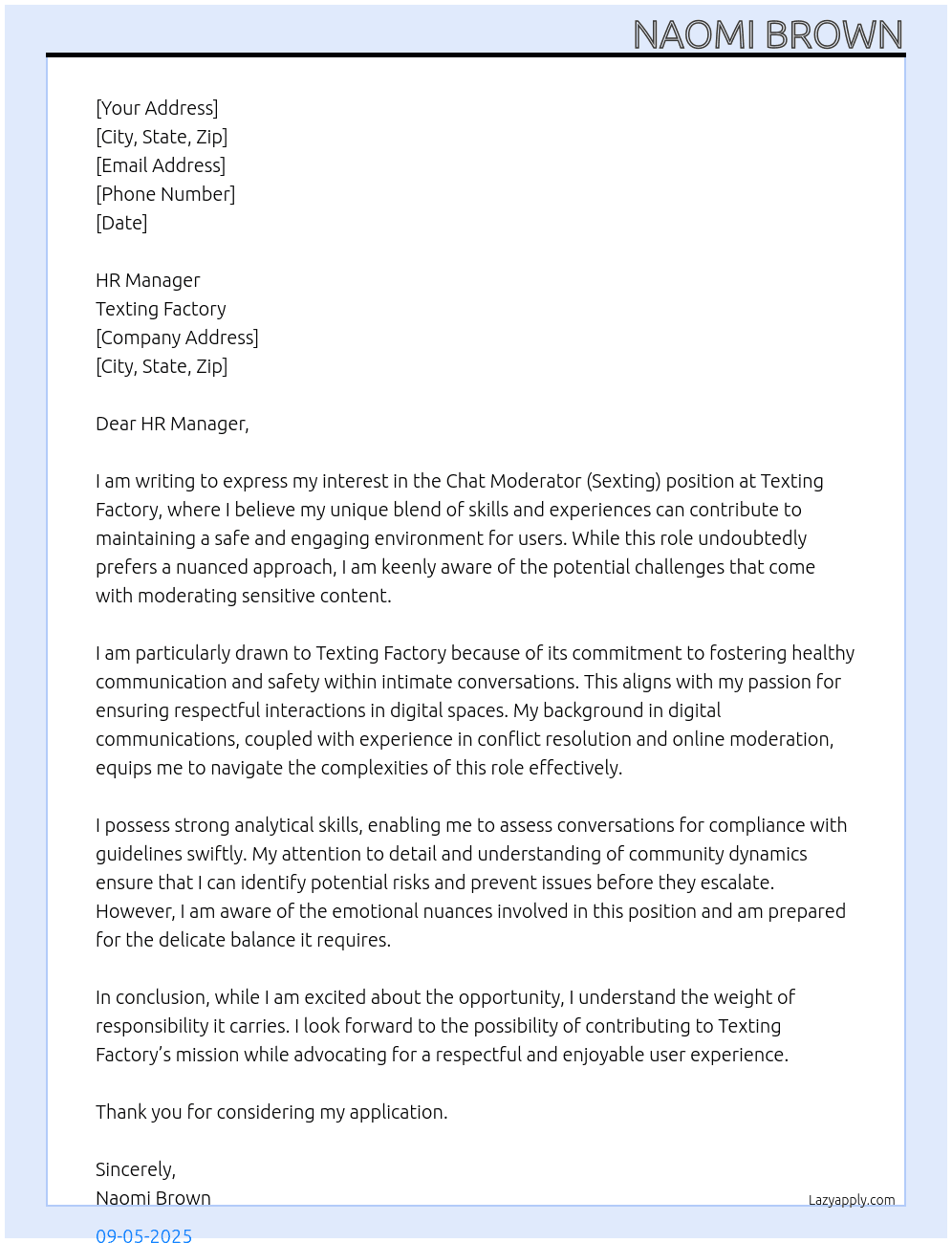 Chat Moderator (Sexting) At Texting Factory Cover Letter