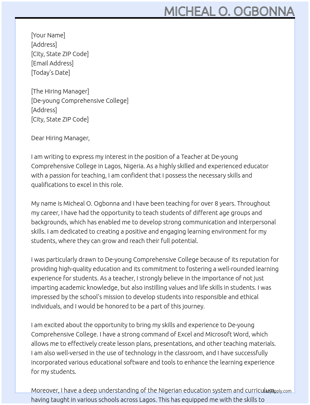 Teacher At De-young Comprehensive College Cover Letter
