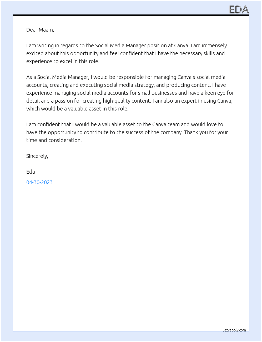Social Media Manager At Canva Cover Letter