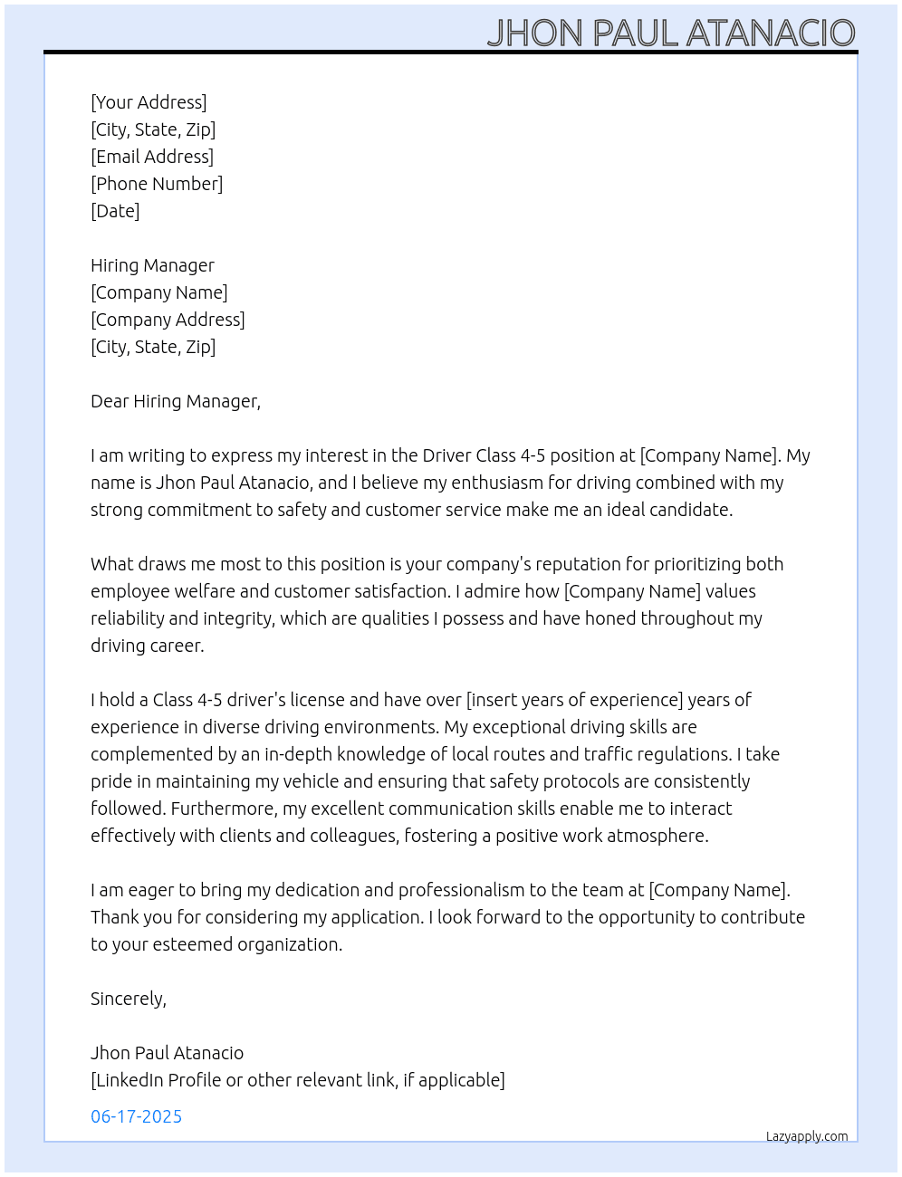 Driver class 4-5 At Hiring manager Cover Letter