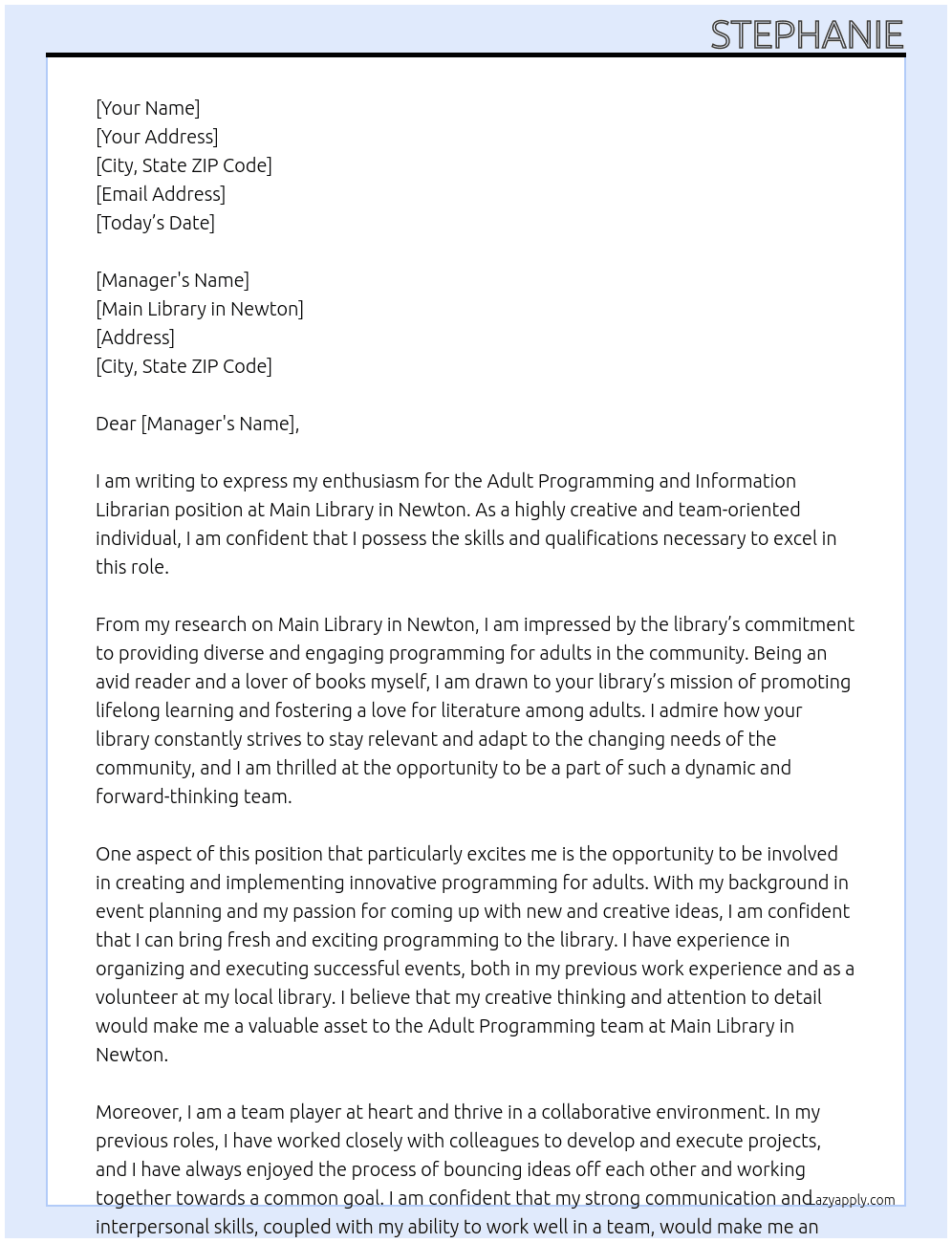 Adult Programming and Information Librarian  At Main Library in Newton Cover Letter