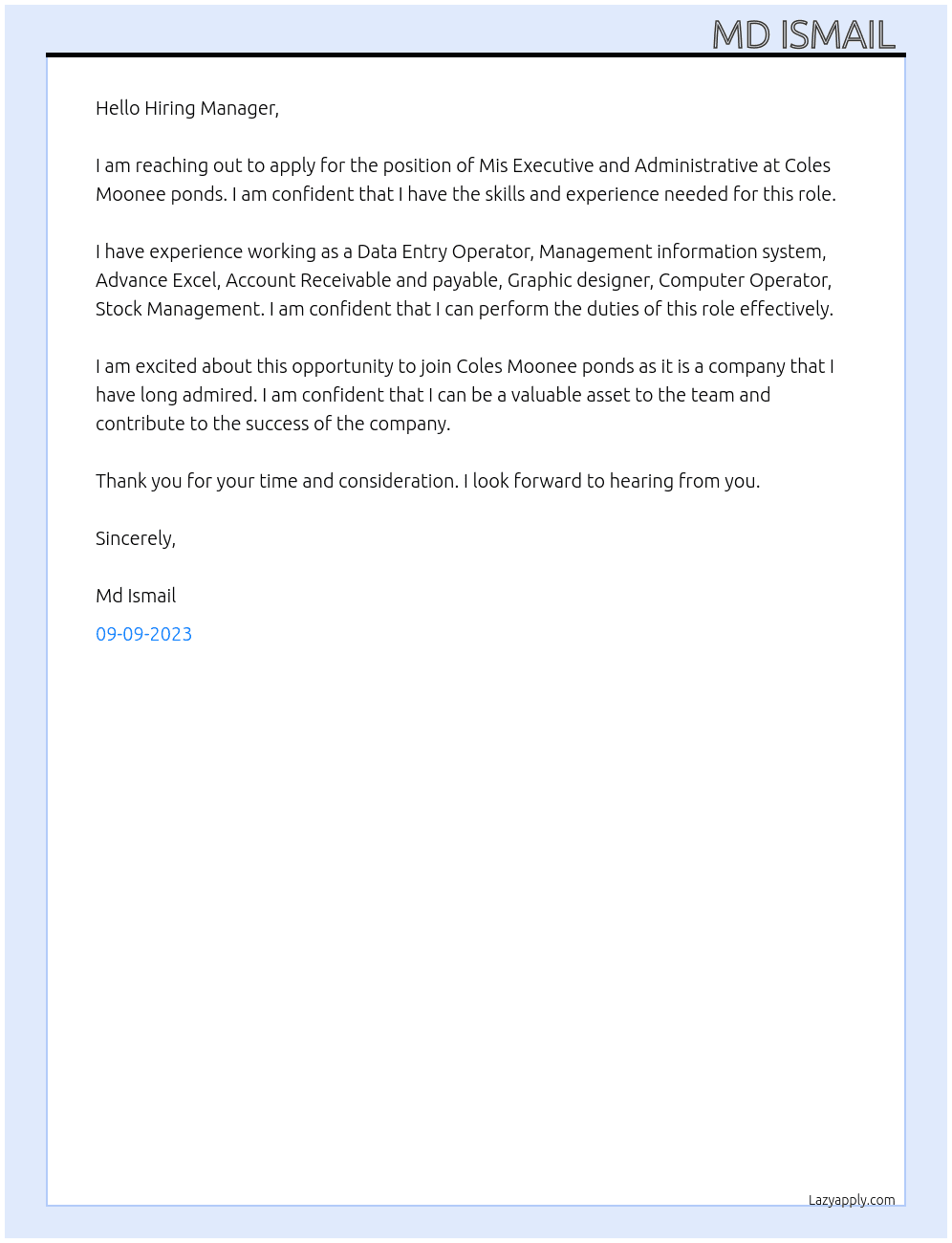 Mis Executive and Administrative  At Coles Moonee ponds Cover Letter