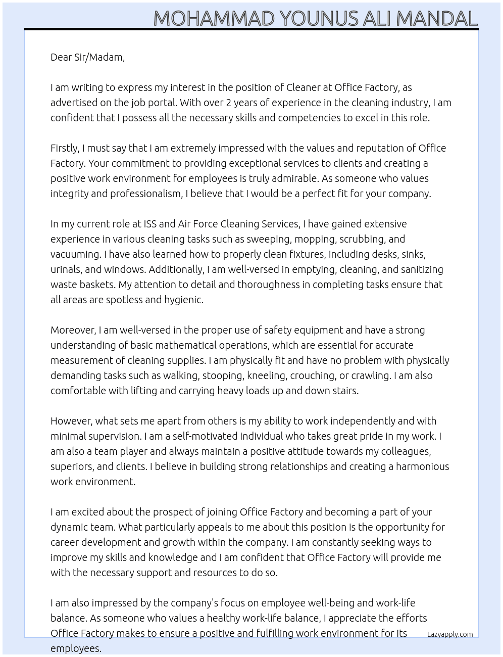 Cleaner  At Office factory  Cover Letter