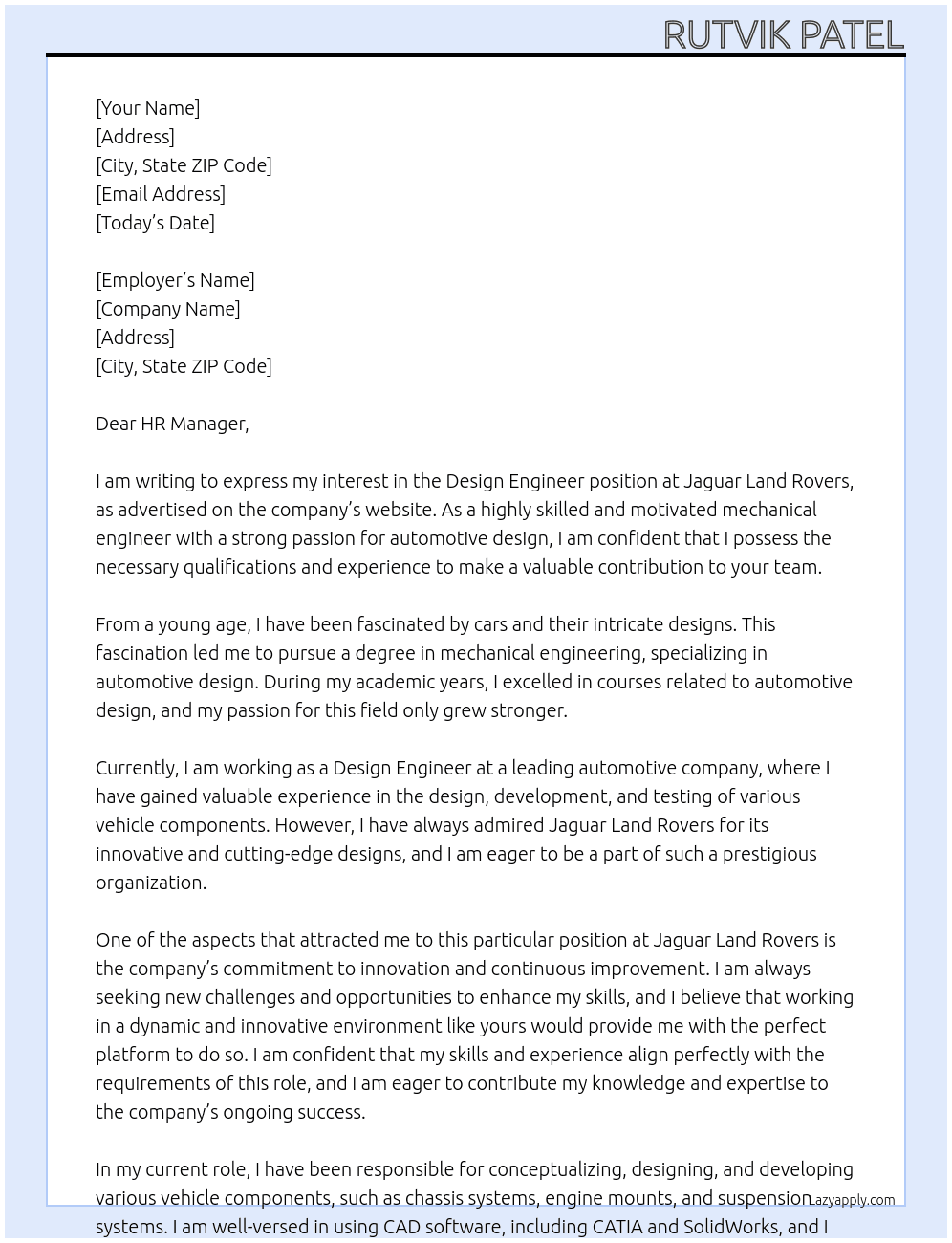 Design Engineer At Jaguar Land Rovers Cover Letter