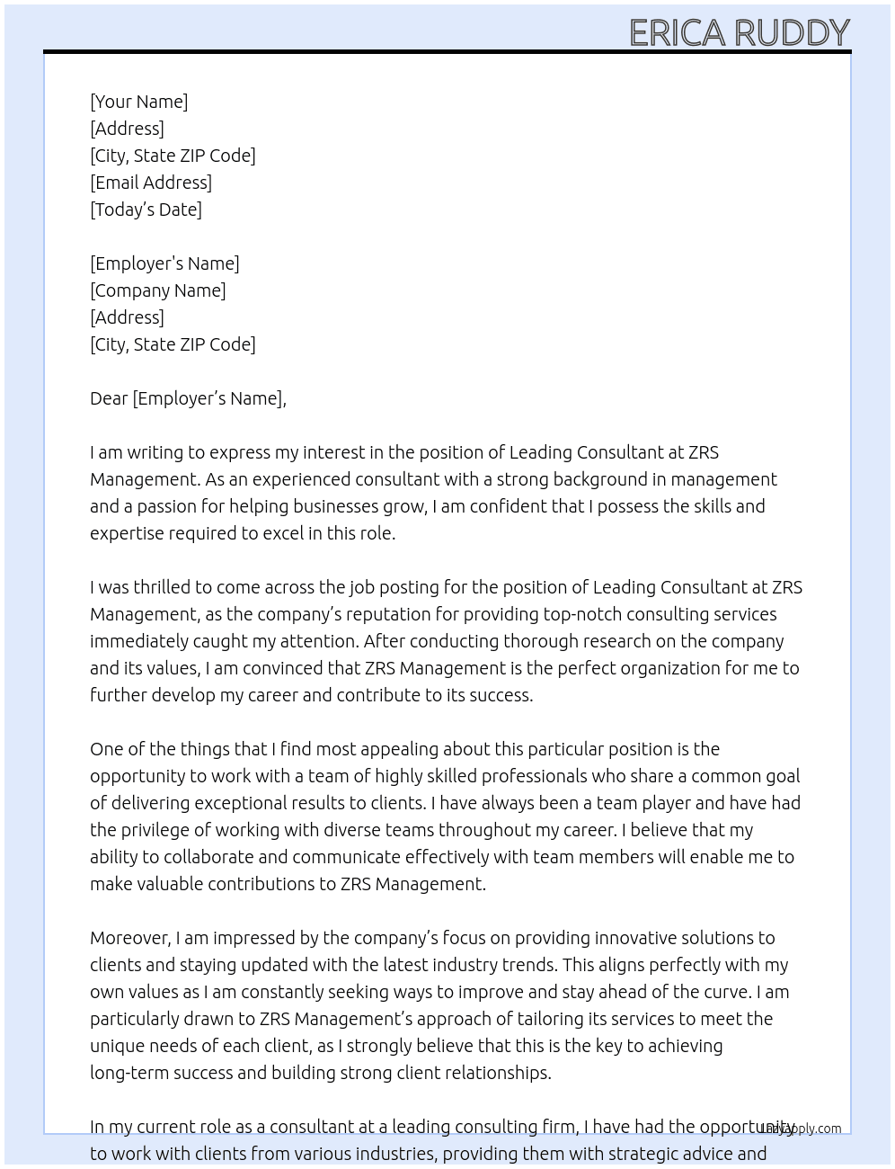 Leading consultant  At ZRS Management  Cover Letter