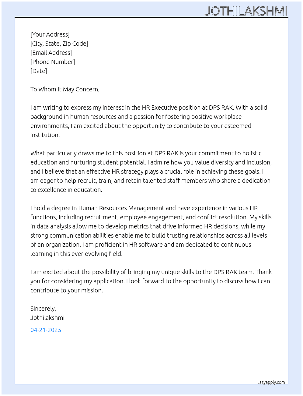 hr executive At DPS RAK Cover Letter