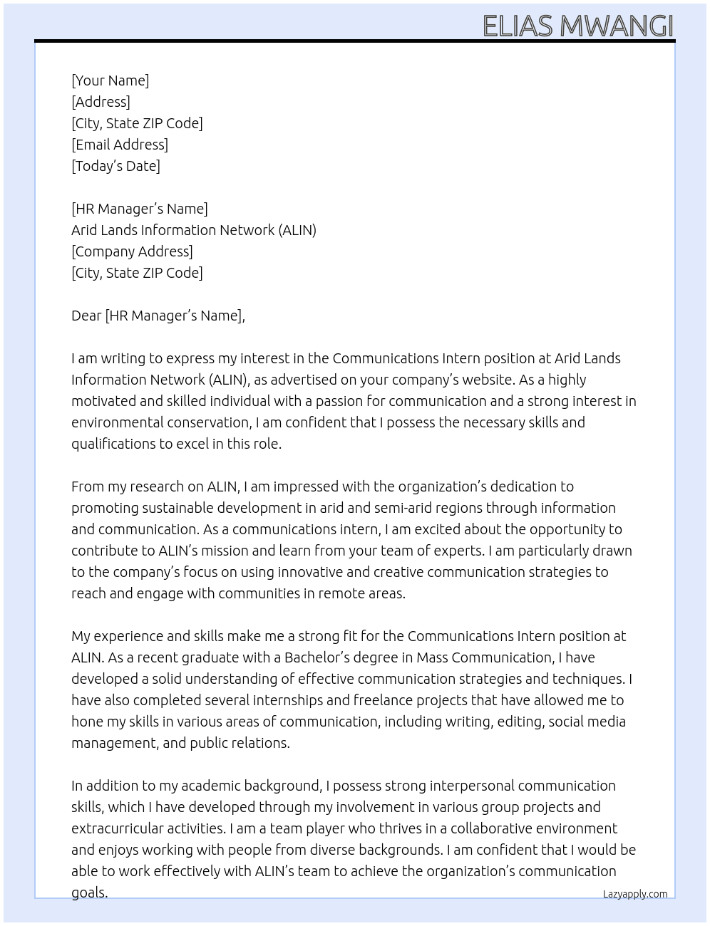 Communications Intern At Arid Lands Information Network(ALIN) Cover Letter