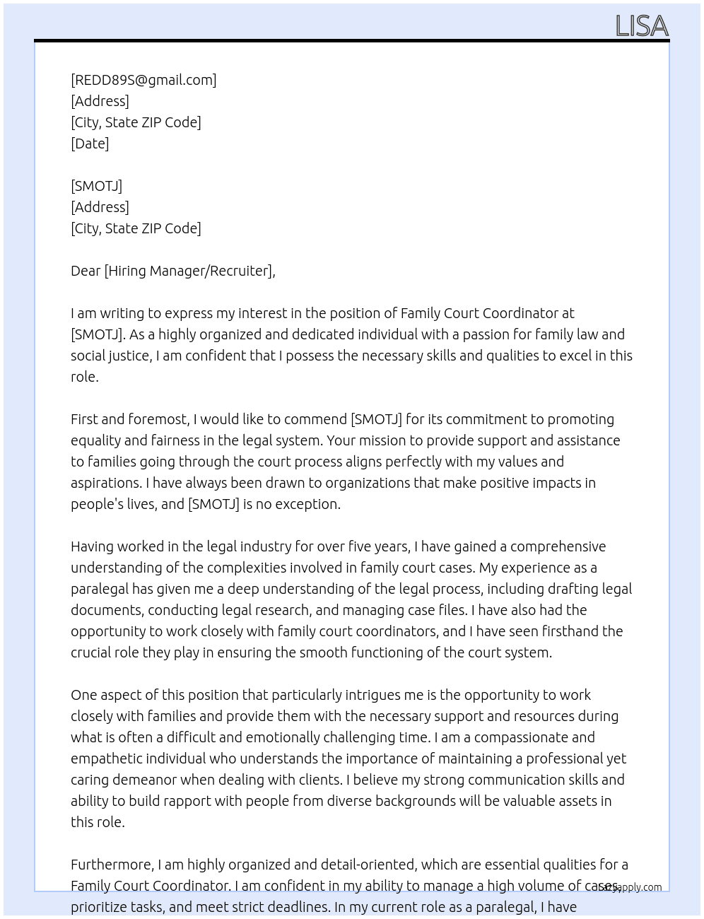 Family Court Coordinator At SMOTJ Cover Letter