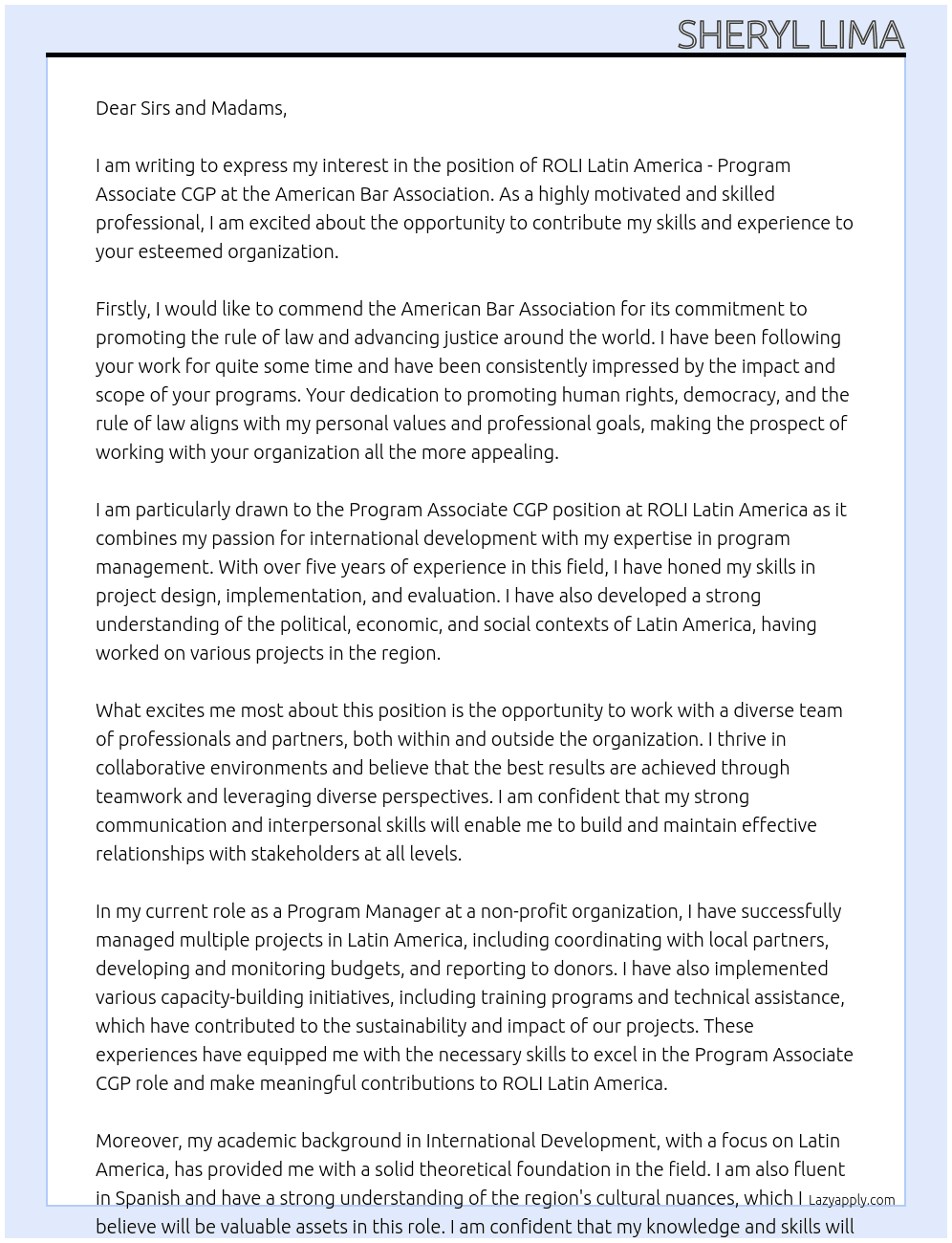 ROLI Latin America - Program Associate CGP At American Bar Association Cover Letter