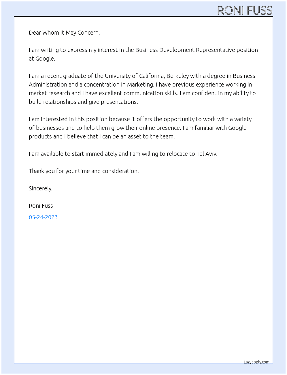 business development representative At google Cover Letter