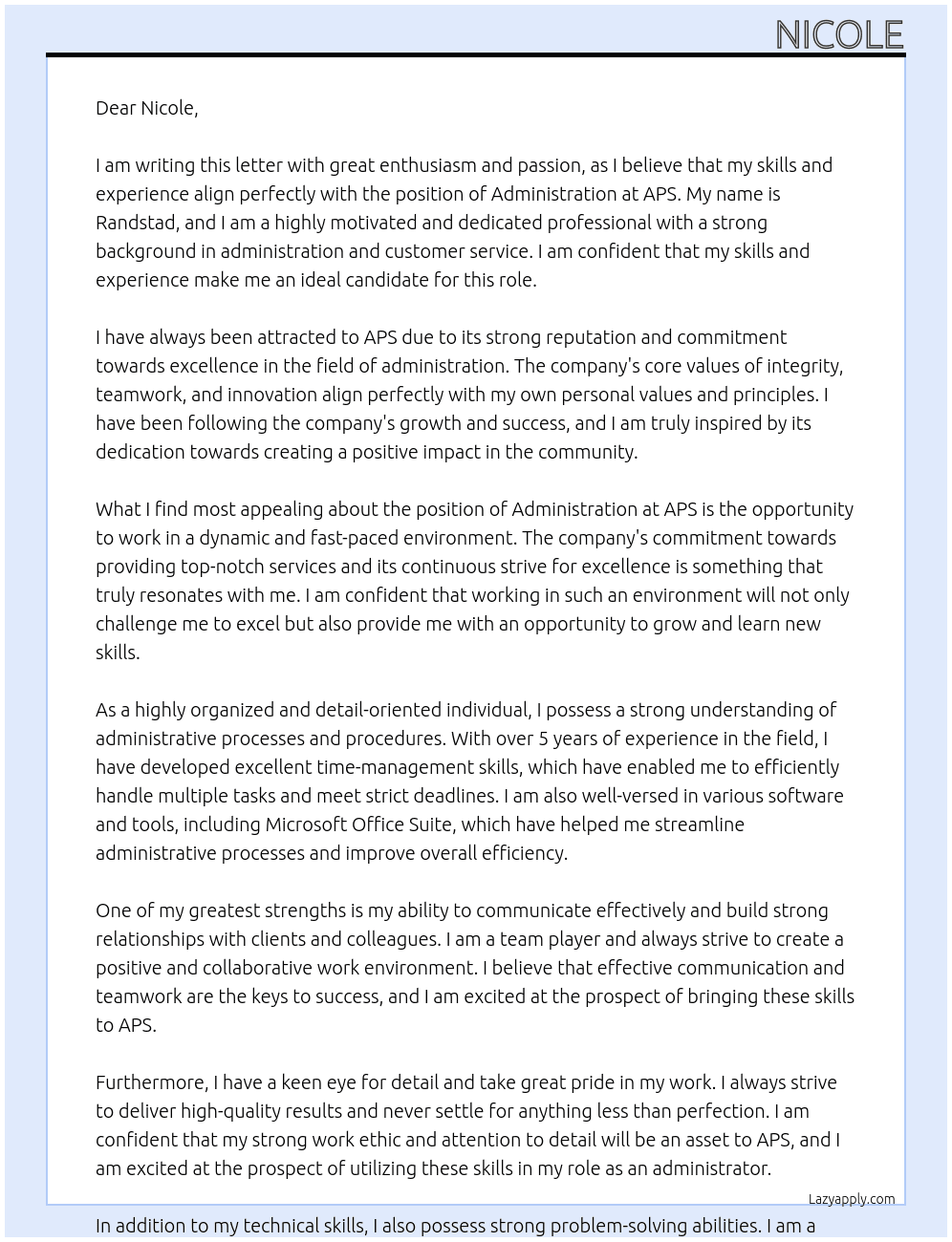 ADMINISTRATION At APS Cover Letter