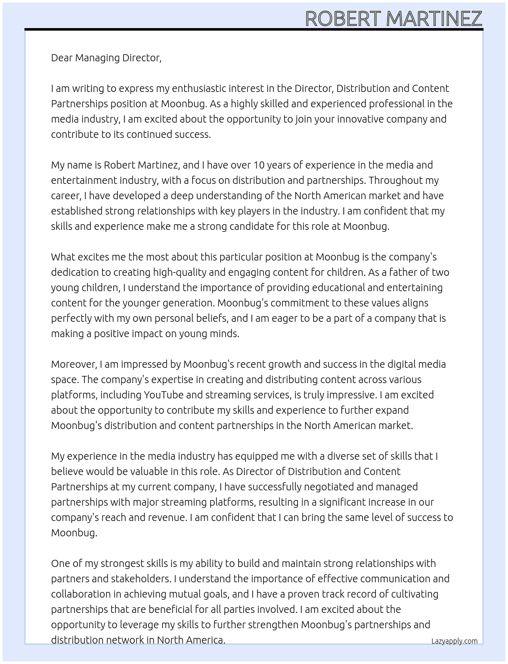 Director, Distribution and Content Partnerships (North America) At Moonbug Cover Letter