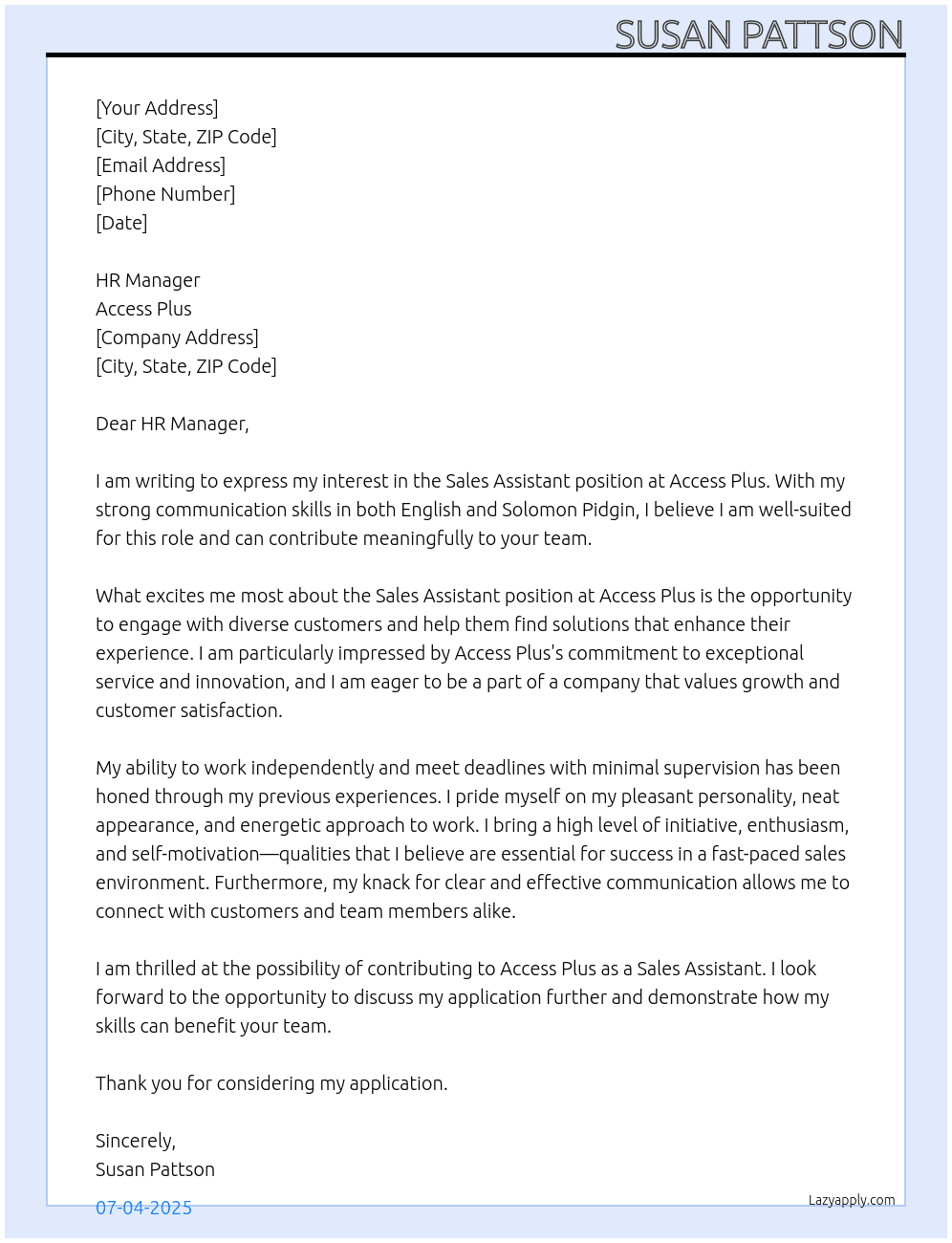 Sales Assitant At Access Plus Cover Letter