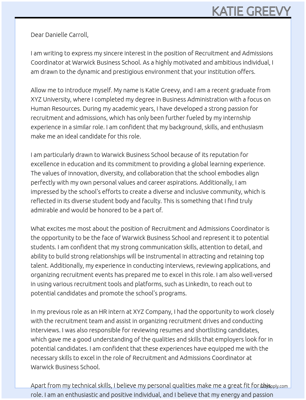 Recruitment and Admissions Coordinator  At Warwick Business School Cover Letter