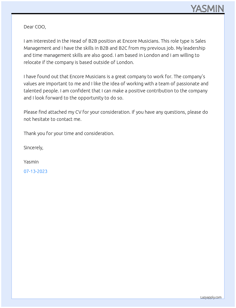 Head of B2B At Encore Musicians Cover Letter