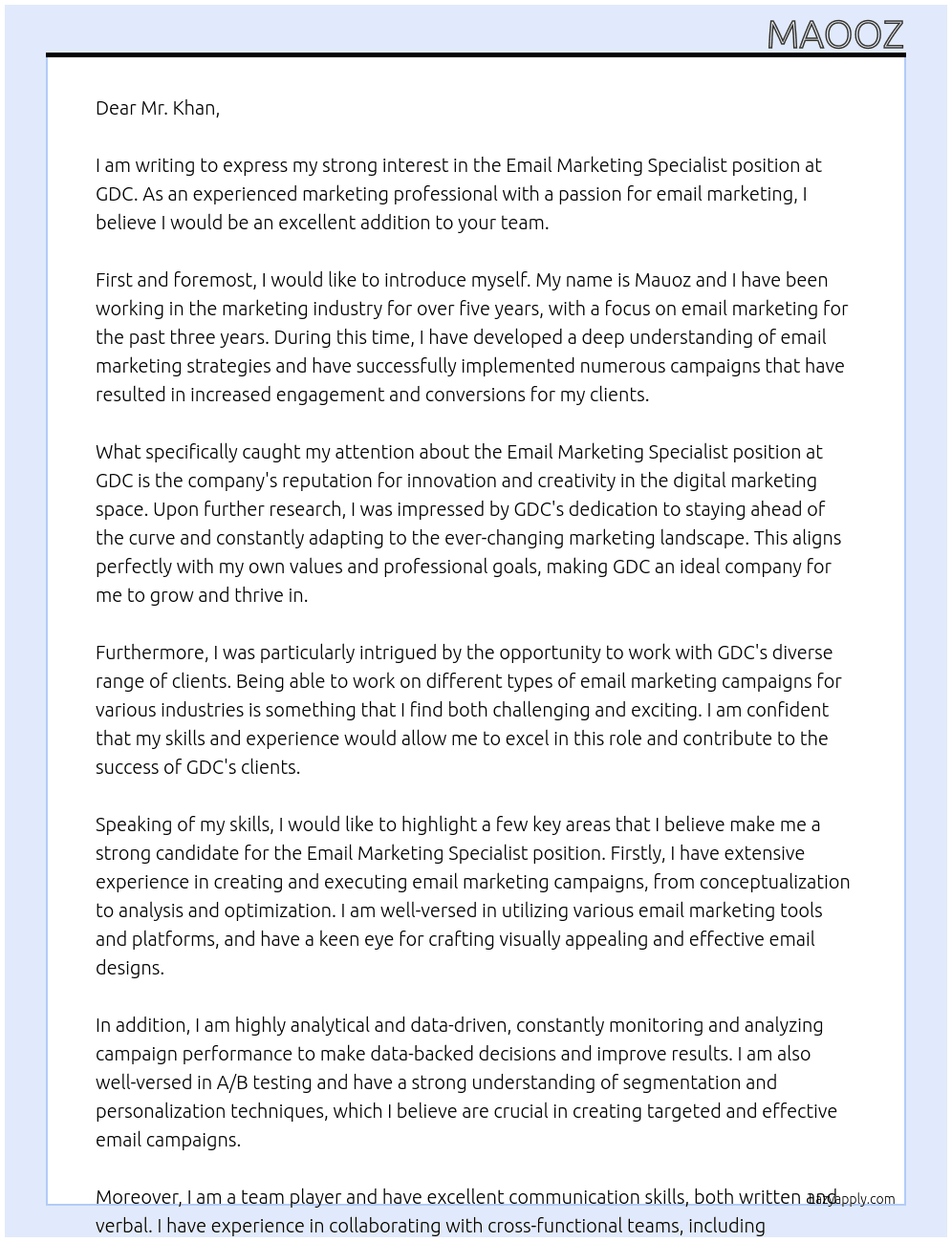 Email Marketing Specialist At GDC Cover Letter