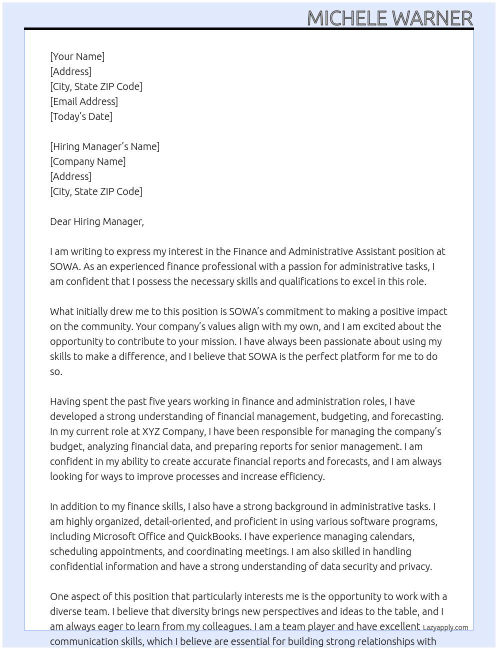 Finance and Administrative Assistant  At SOWA Cover Letter