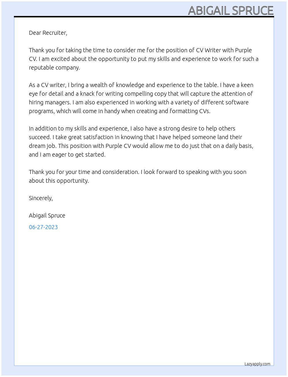 CV writer At Purple CV Cover Letter