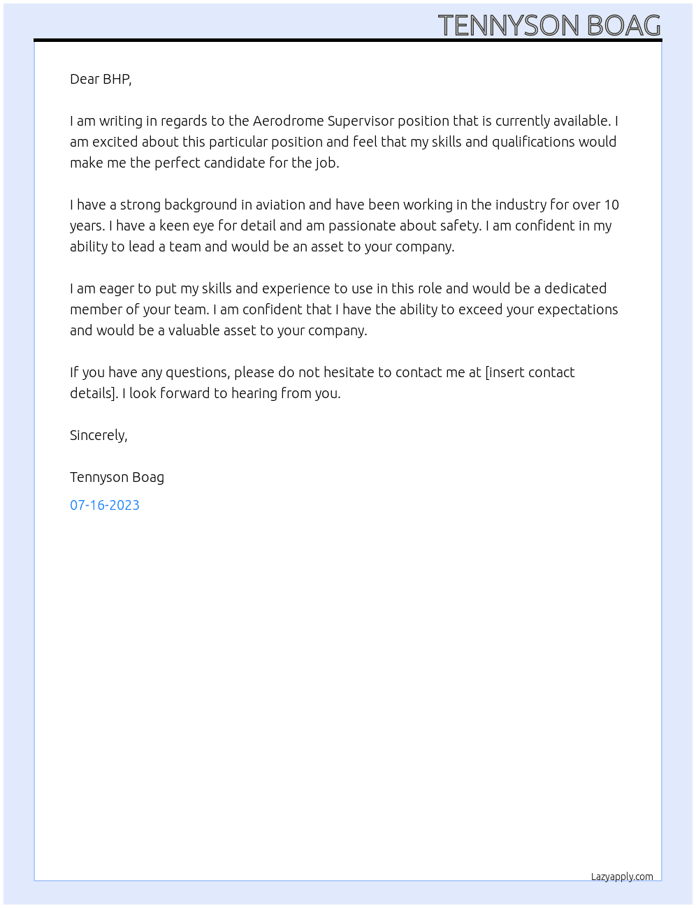 Aerodrome Supervisor At BHP Cover Letter