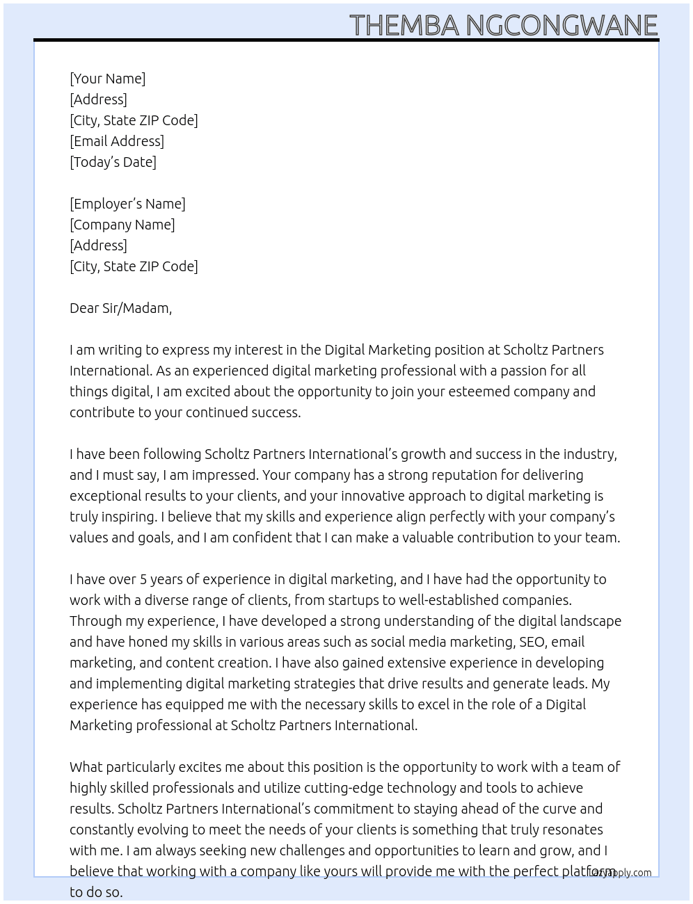 Digital Marketing At Scholtz partners international Cover Letter