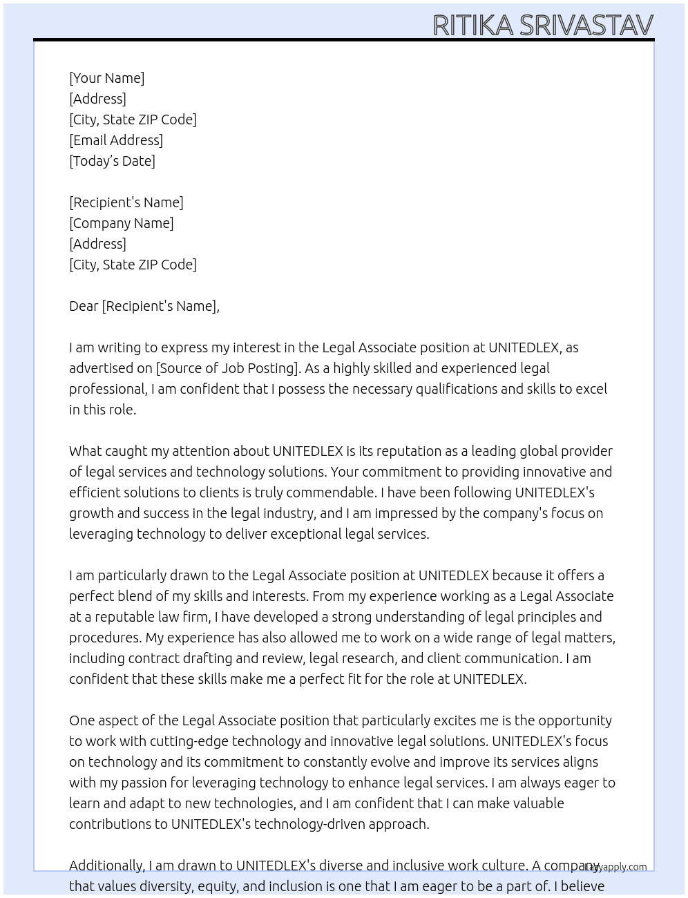 LEGAL ASSOCIATE At UNITEDLEX Cover Letter