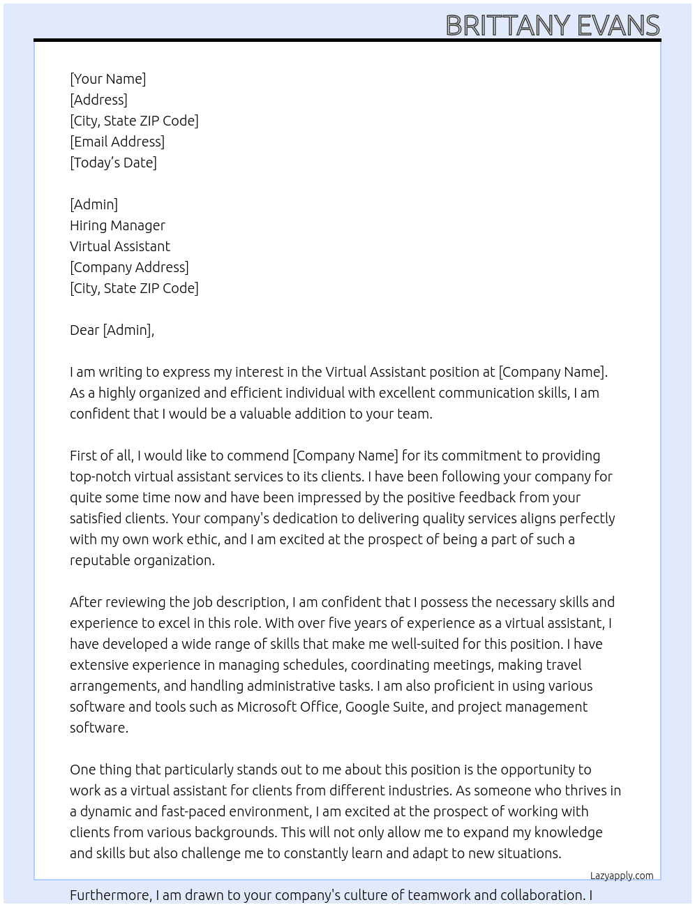 Virtual Assistant At Virtual Assistant Cover Letter
