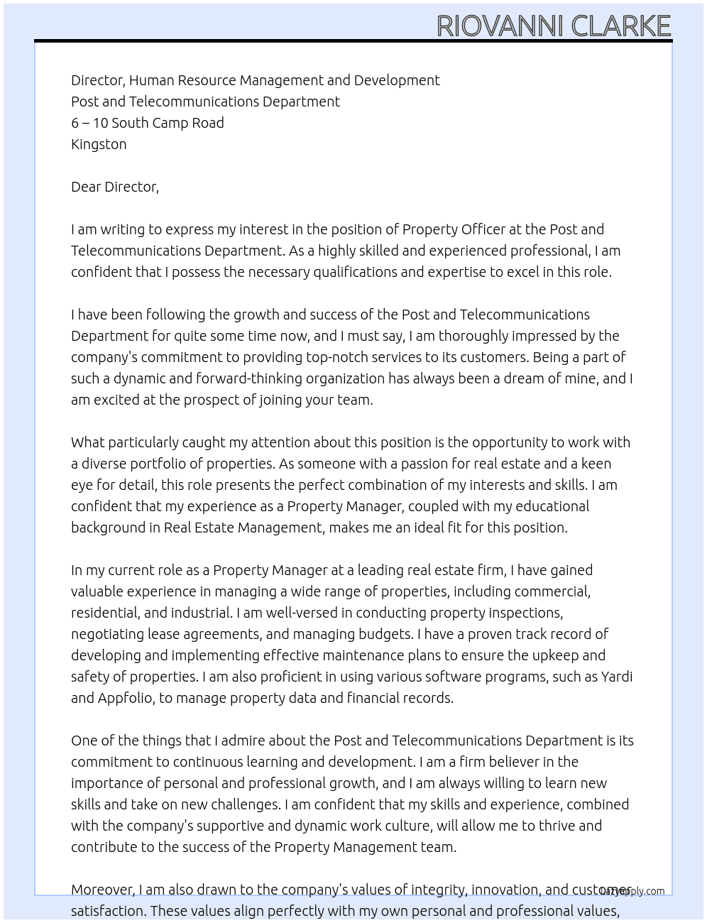 Cover letter for property officer - LazyApply