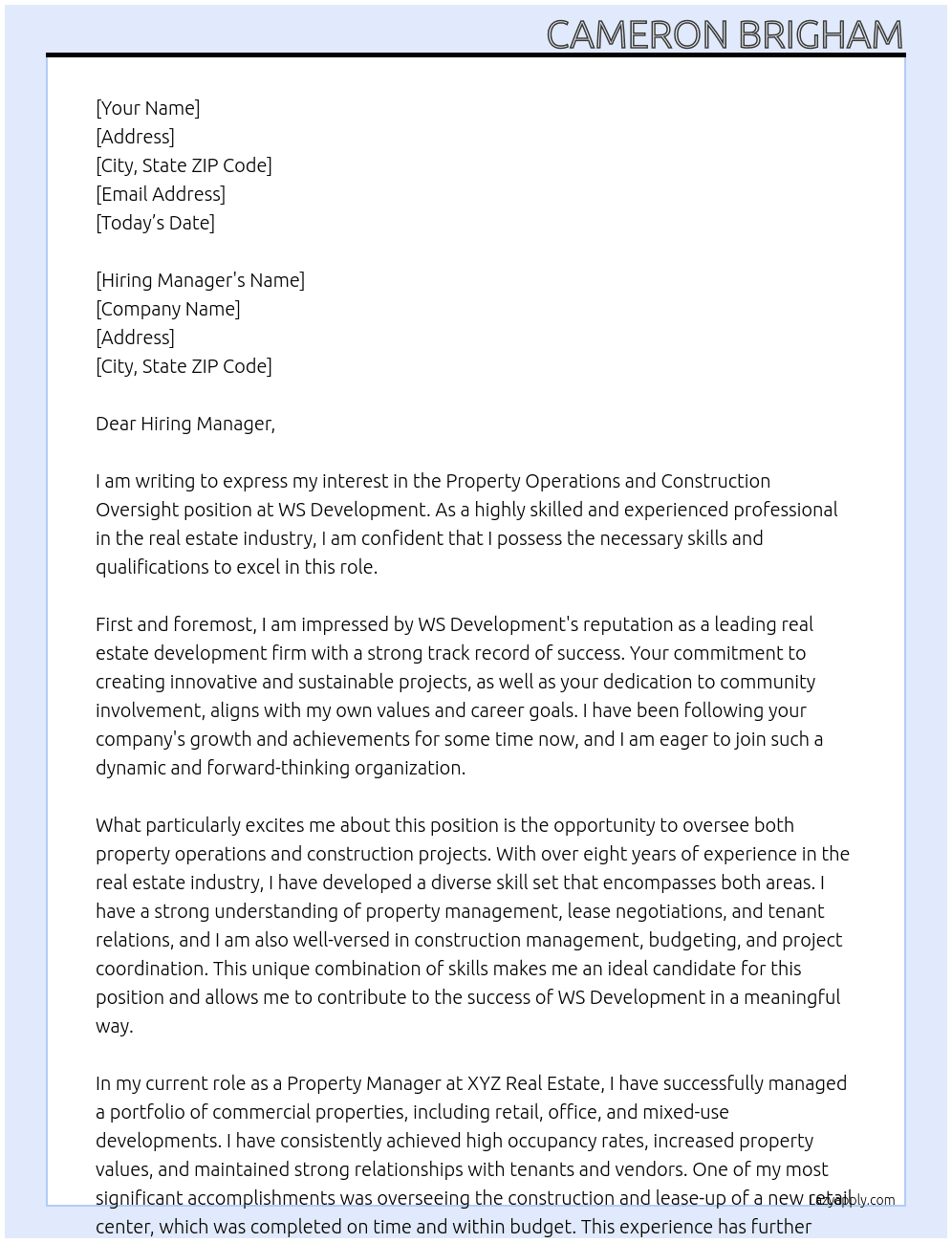 Property Operations and Construction Oversight  At WS Development  Cover Letter