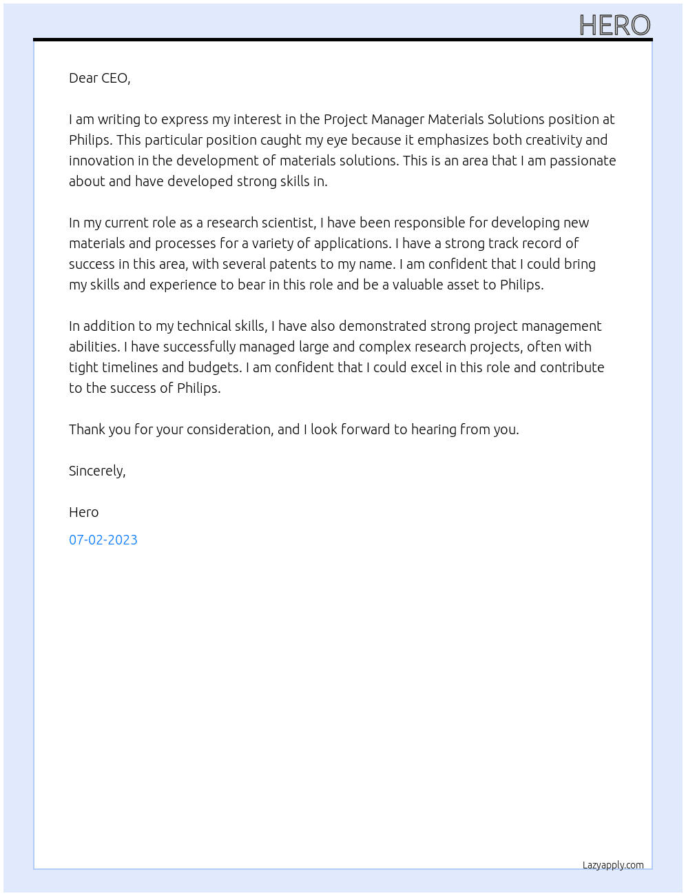 Project Manager Materials Solutions At Philips Cover Letter