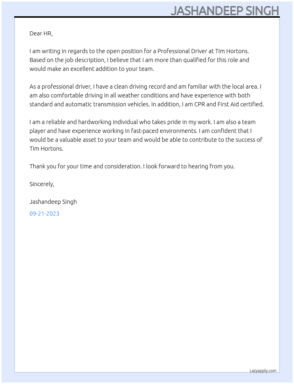 Professional Driver At Tim Hortons Cover Letter