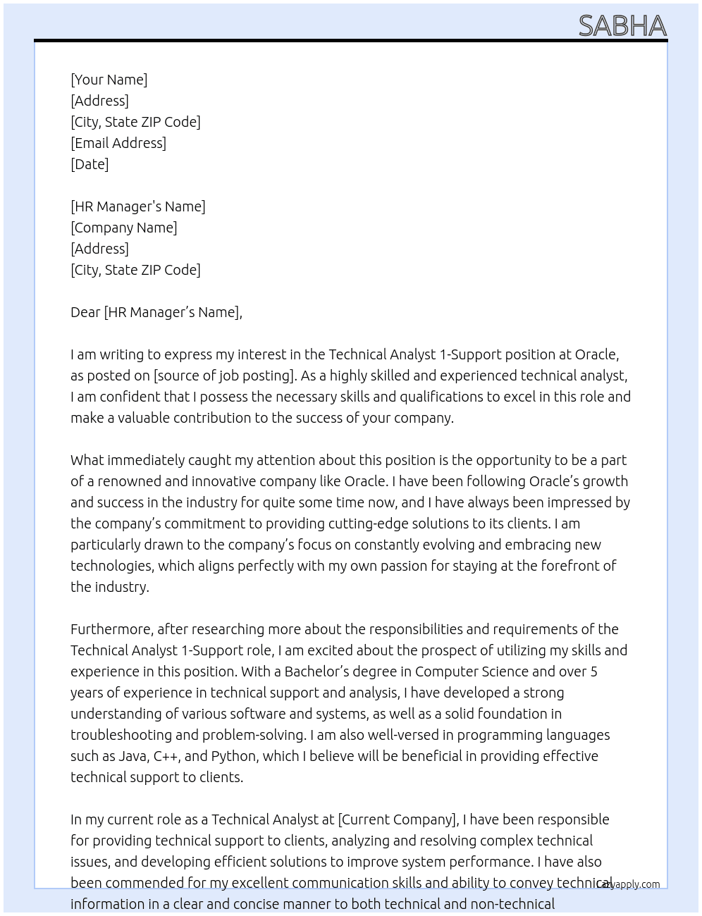 Cover letter for technical analyst 1-support - LazyApply