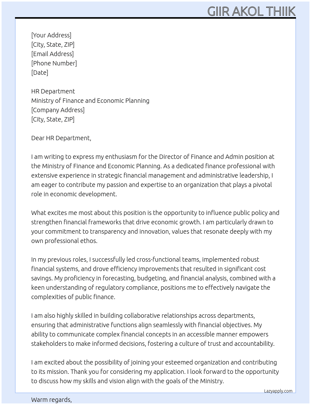 Director of Finance and Admin At Ministry of Finance and economic planning Cover Letter