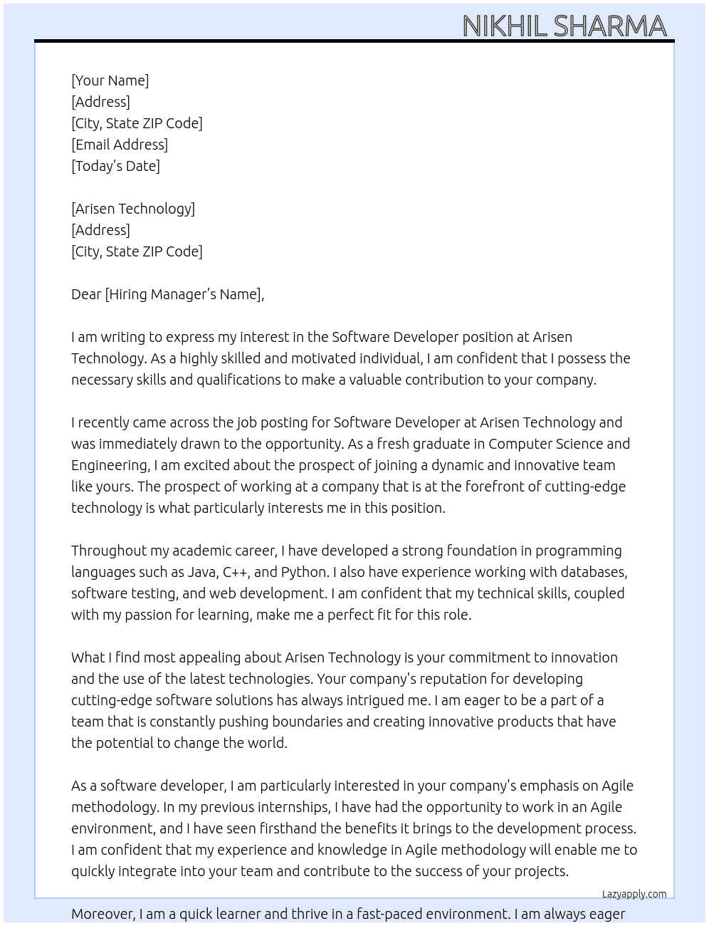 Software developer  At Fresher software and web developer trainee Cover Letter