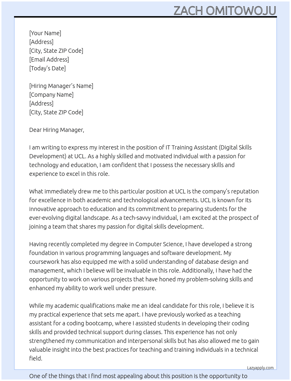 IT Training Assistant (Digital Skills Development) At UCL Cover Letter