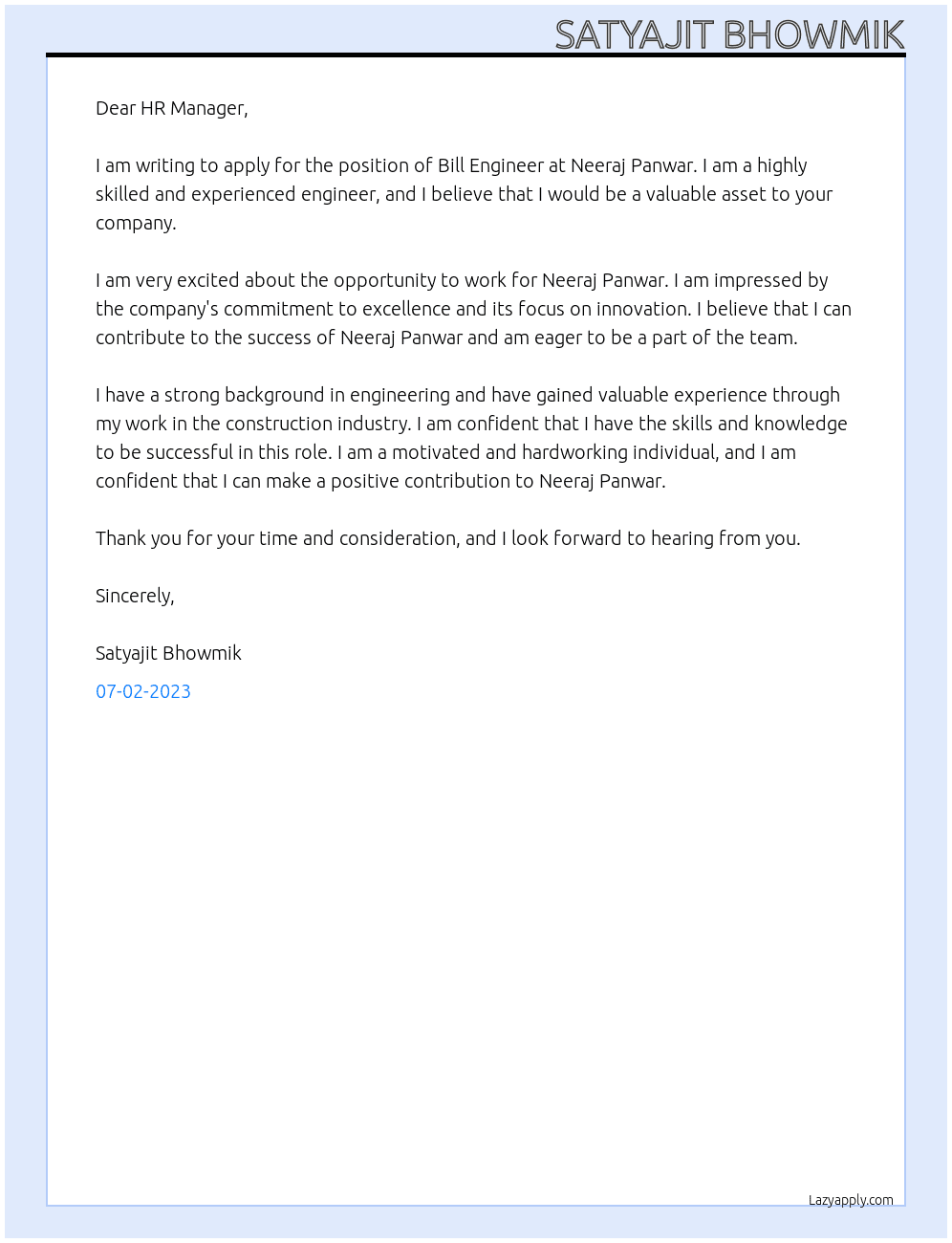 Bill engineer At Neeraj Panwar  HR Manager The BIM Engineers Cover Letter