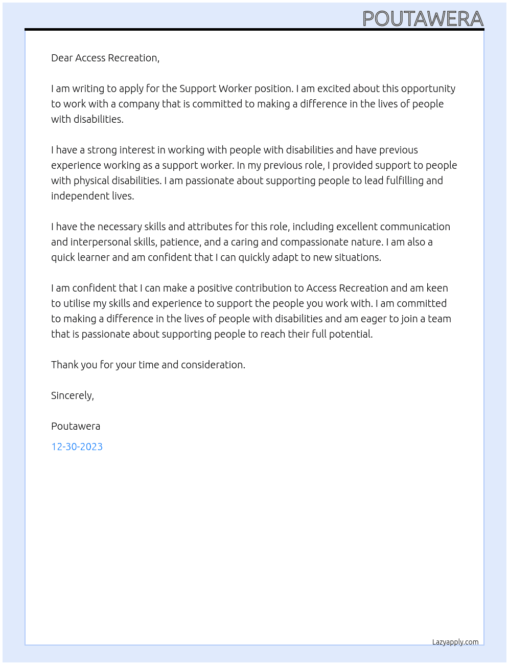 Support worker At Access Recreation Cover Letter