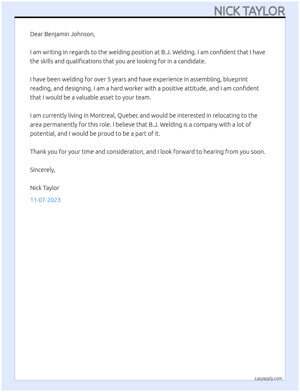Welder At B.J. Welding Cover Letter