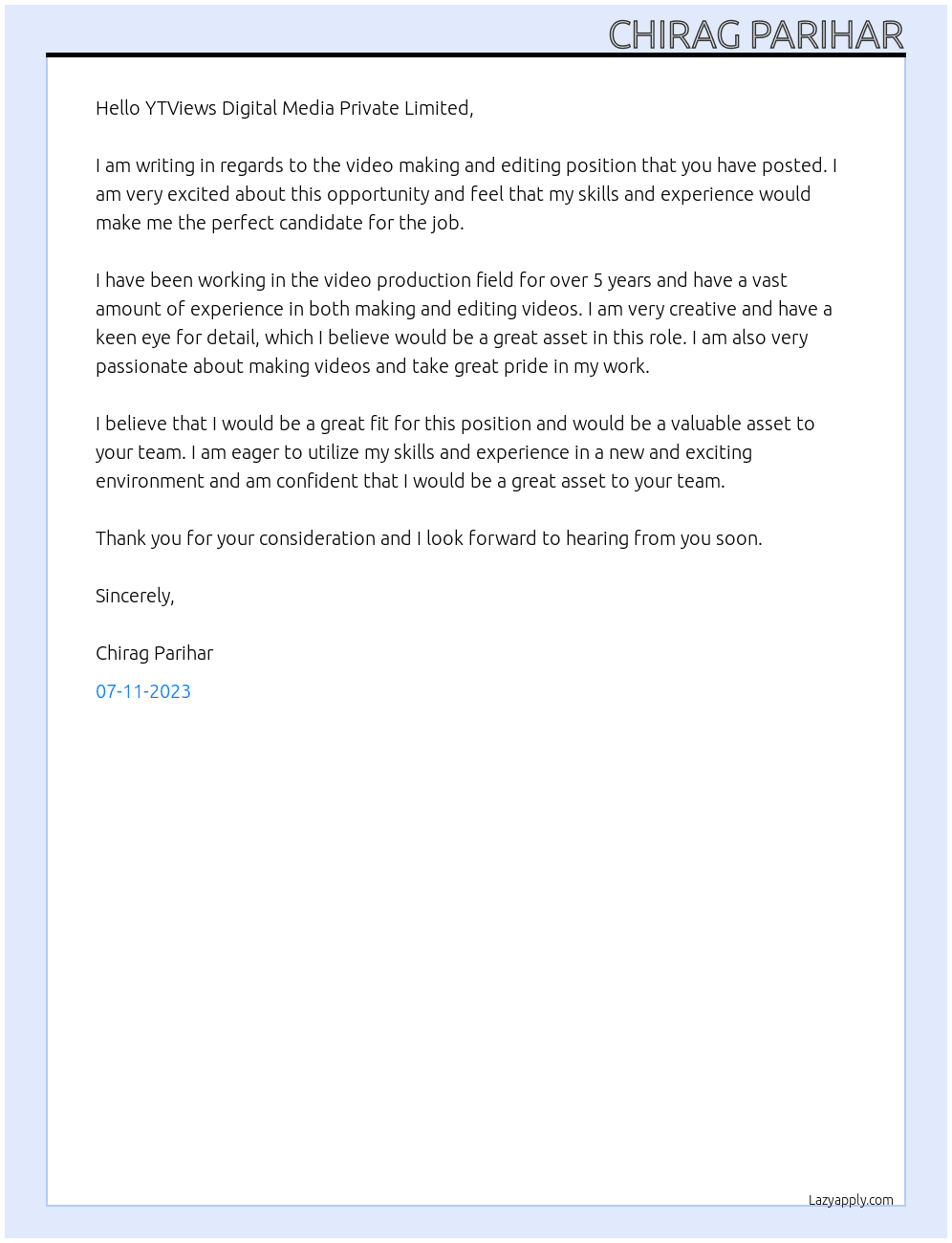 video making and editing At YTViews Digital Media Private Limited Cover Letter