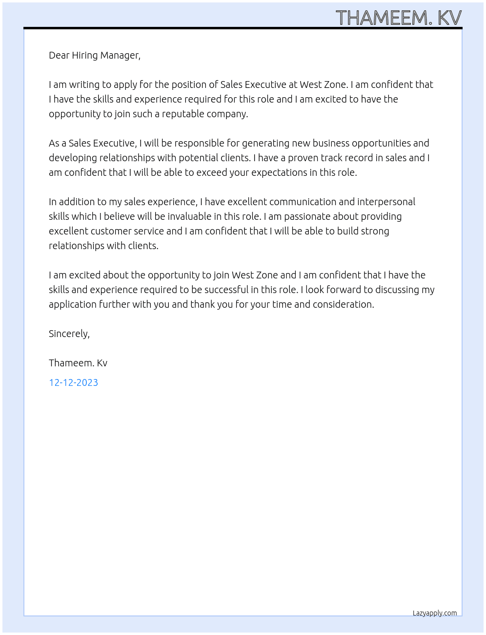 Sales executive  At West zone Cover Letter