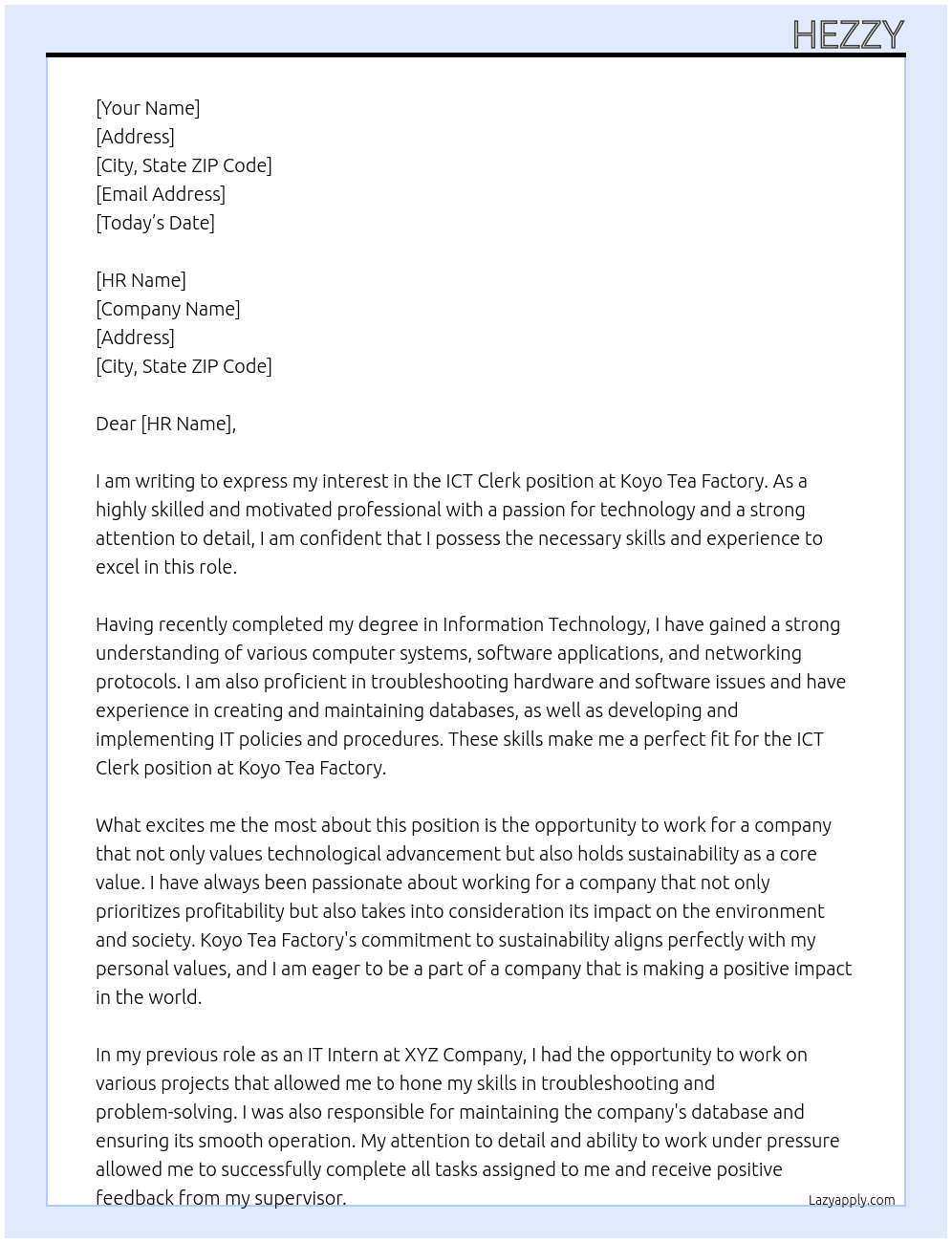ICT CLERK At KOYO TEA FACTORY Cover Letter