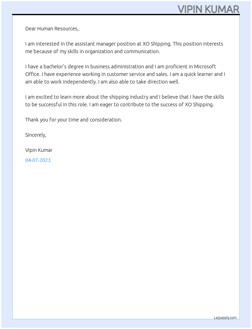 assistant manager At xo shipping Cover Letter