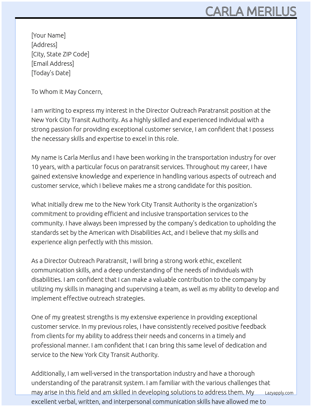 Director Outreach Paratransit At New York City Transit Authority Cover Letter