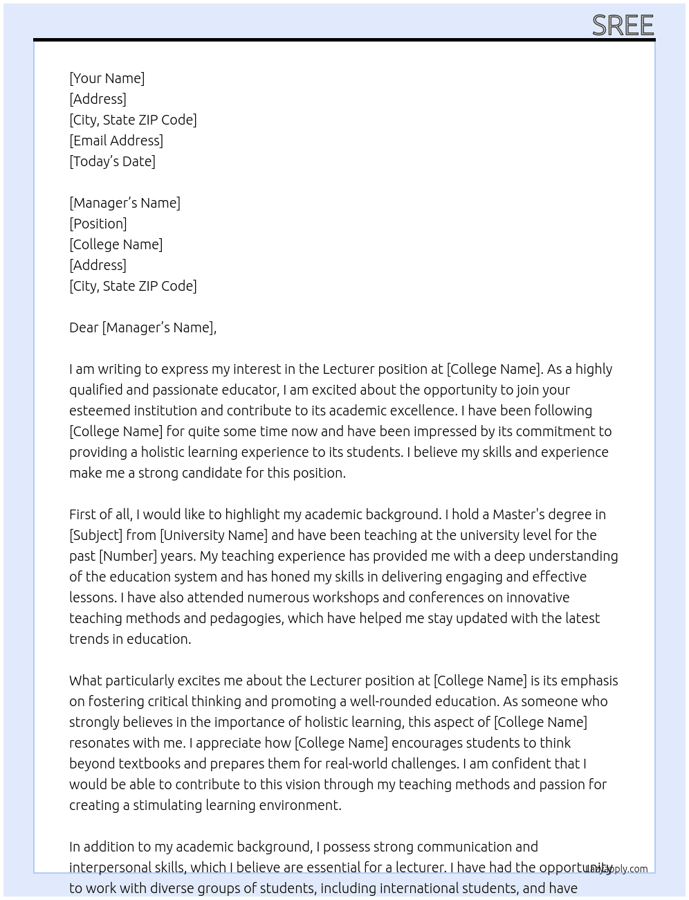 lecturer At college Cover Letter