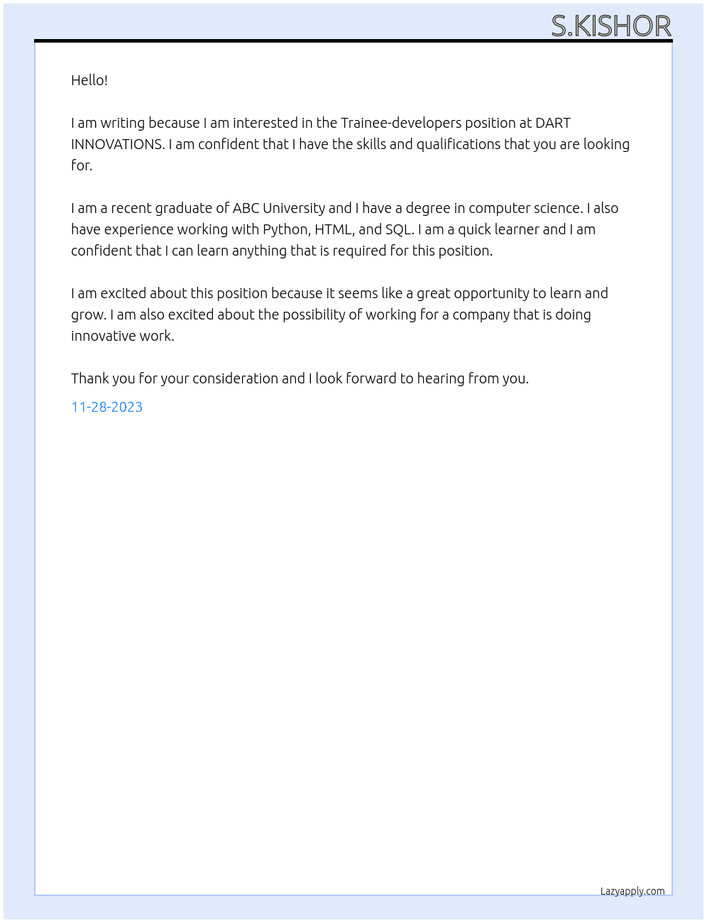 Trainee-developers At DART INNOVATIONS  Cover Letter