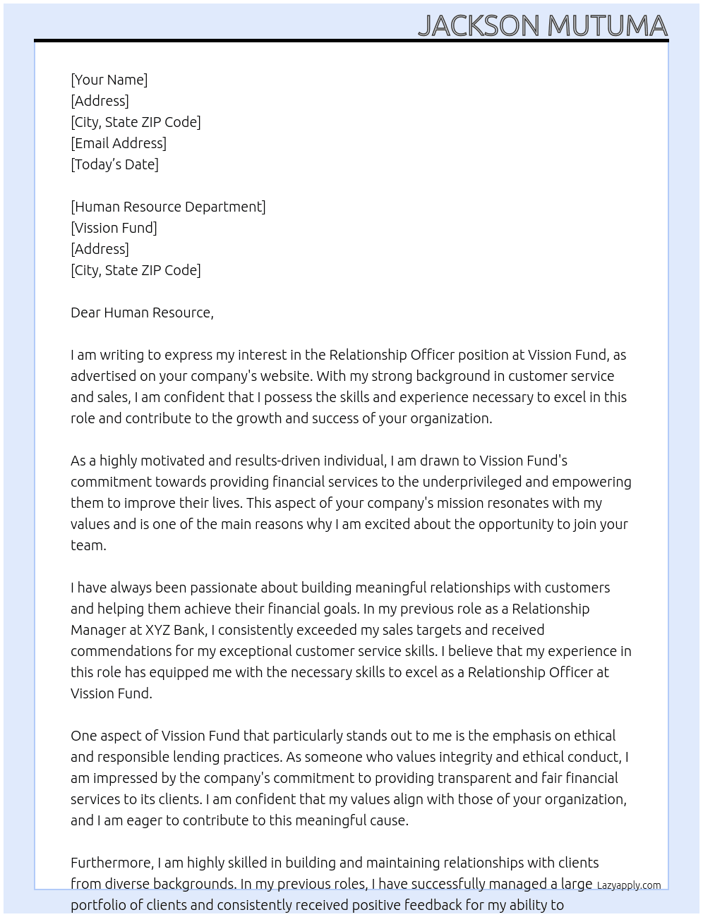 relationship officer At vission fund Cover Letter